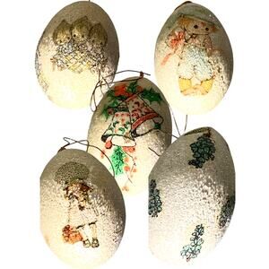 Lot of 5, Handcrafted Egg Ornaments, Vintage 1970's, Various Scenes, Glittered.